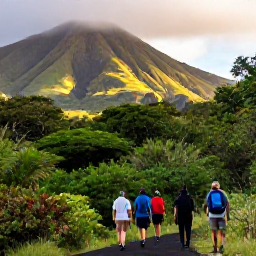 Caribbean Holidays, January Adventures, Hikers walking through lush rainforest on Mount Liamuiga in Saint Kitts, with dramatic volcanic slopes and filtered sunlight