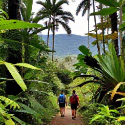 Caribbean Holidays, January Adventures, Hikers walking through lush rainforest on the Vermont Nature Trail in Saint Vincent, with tall tropical trees and mountain scenery