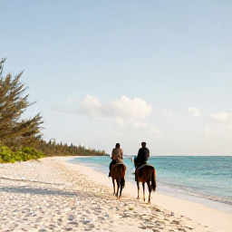 Caribbean Holidays, January Adventures, Horse riders travelling along a quiet white sand beach in Providenciales, Turks and Caicos, during warm January afternoon light