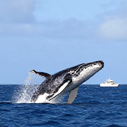 Caribbean Holidays, January Adventures, Humpback whale breaching in the deep blue sea near Turks and Caicos with a small excursion boat nearby
