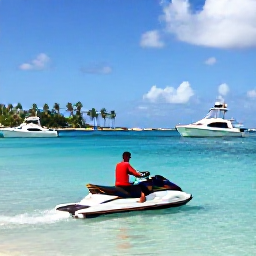 Caribbean Holidays, January Adventures, Jet ski and beach activities beside a lively Caribbean bay, with boats and palm trees in the background on Sint Maarten