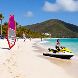 Caribbean Holidays, January Adventures, Jet skis and windsurfers on a lively Caribbean beach with palm trees and hills in the background
