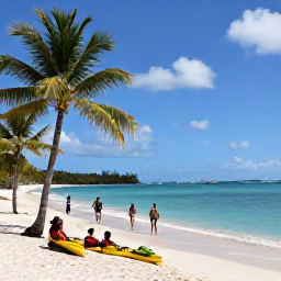 Caribbean Holidays, January Adventures, Kayakers and hikers enjoying an active day beside a sunny Caribbean beach on St Thomas, with palm trees and turquoise sea