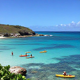 Caribbean Holidays, January Adventures, Kayakers and snorkellers exploring clear shallow water beside a colourful reef and rocky coastline in Sint Maarten