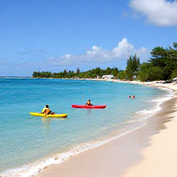 Caribbean Holidays, January Adventures, Kayakers and snorkellers exploring clear turquoise water beside a quiet Caribbean beach near Saint Kitts and Nevis