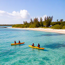 Caribbean Holidays, January Adventures, Kayakers exploring clear turquoise water beside a quiet Bahamian island in warm January sunshine