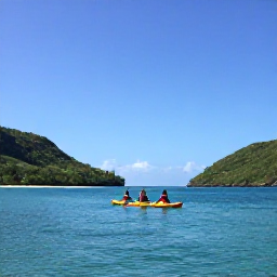 Caribbean Holidays, January Adventures, Kayakers paddling across calm turquoise water near the Grenadine islands, with green hills, small beaches and a clear blue sky