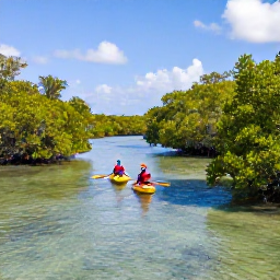 Caribbean Holidays, January Adventures, Kayakers paddling through calm mangrove channels in St Croix with tropical vegetation and clear water