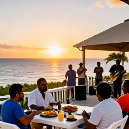 Caribbean Holidays, January Adventures, Outdoor Caribbean restaurant at sunset in Sint Maarten with travellers enjoying local food and live music