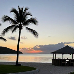 Caribbean Holidays, January Adventures, Relaxed Caribbean beach at sunset in the British Virgin Islands with palm trees, calm water and a small beach bar