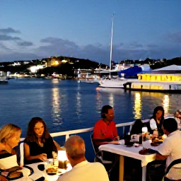 Caribbean Holidays, January Adventures, Relaxed evening in Gustavia, Saint Barth&eacute;lemy, with harbour lights, moored boats and diners enjoying an outdoor restaurant