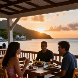 Caribbean Holidays, January Adventures, Relaxed seaside restaurant in Saint Vincent and the Grenadines at sunset, with travellers enjoying fresh local food near the harbour