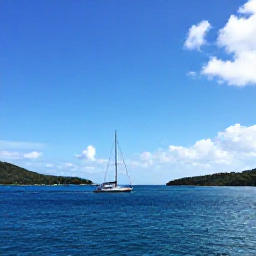 Caribbean Holidays, January Adventures, Sailing yacht passing between tropical islands in the British Virgin Islands, with calm blue water and a sunny sky