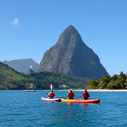 Caribbean Holidays, January Adventures, Sea kayakers paddling along the calm blue coastline of Saint Lucia, with green hills and the Pitons in the distance
