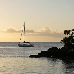 Caribbean Holidays, January Adventures, Small sailing boat passing the rocky coastline of Saint Barth&eacute;lemy at golden afternoon light, with calm Caribbean sea