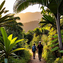 Caribbean Holidays, January Adventures, Travellers hiking along a lush Caribbean rainforest trail with tropical plants, distant mountains and warm morning sunlight