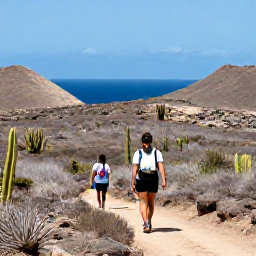 Caribbean Holidays, January Adventures, Travellers hiking through Cura&ccedil;ao's rugged dry countryside with cacti, rocky hills and bright blue sea in the distance