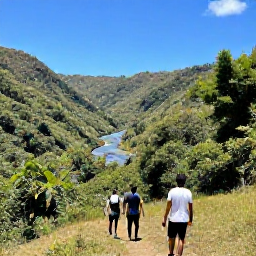 Caribbean Holidays, January Adventures, Travellers hiking through lush Dominican Republic mountain scenery near Jarabacoa, with a river valley, tropical vegetation and clear blue sky