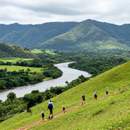 Caribbean Holidays, January Adventures, Travellers hiking through lush green hills near Jarabacoa in the Dominican Republic, with rivers and tropical mountains in the background