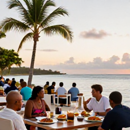 Caribbean Holidays, January Adventures, Travellers relaxing at a beachfront restaurant in Saint Kitts at sunset, with local food, palm trees and calm sea