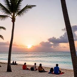 Caribbean Holidays, January Adventures, Travellers relaxing at a Dominican Republic beach at sunset after an active day, with palm trees, calm turquoise water and a colourful sky