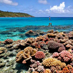 Caribbean Holidays, January Adventures, Travellers snorkelling above a colourful coral reef in clear shallow water near a Caribbean beach in the US Virgin Islands