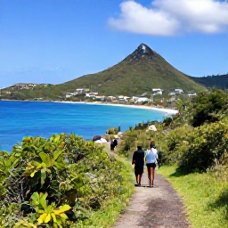 Caribbean Holidays, January Adventures, Visitors hiking along a green coastal trail above a Caribbean bay on Saint Martin in bright January weather