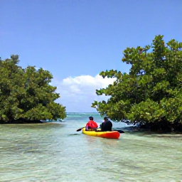 Caribbean Holidays, January Adventures, Visitors kayaking through clear shallow water beside mangroves in Turks and Caicos, with a bright blue January sky