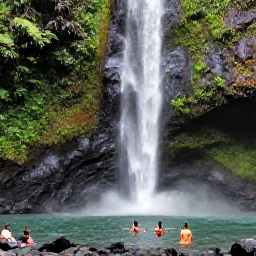 Caribbean Holidays, January Adventures, Visitors swimming beneath a tropical waterfall in Saint Lucia's rainforest, surrounded by lush plants and dark volcanic rocks