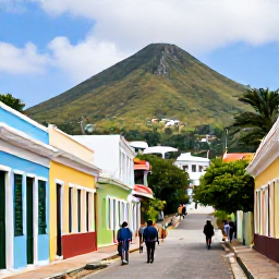 Caribbean Holidays, January Adventures, Visitors walking through the historic streets of Basseterre, Saint Kitts, with colourful buildings and Brimstone Hill in the distance