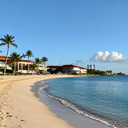 Caribbean Holidays, January All Inclusive, A bright January morning on a sandy beach in Saint Kitts, with calm turquoise water, palm trees and a comfortable all-inclusive resort in the background