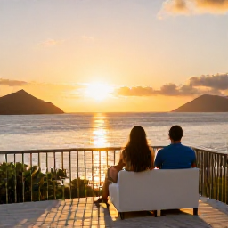 Caribbean Holidays, January All-Inclusive, A couple watching a golden Caribbean sunset from a US Virgin Islands resort terrace in January