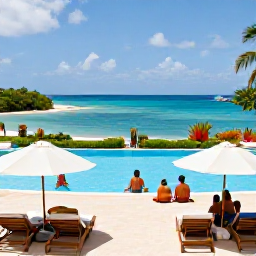 Caribbean Holidays, January All Inclusive, An inviting all-inclusive hotel pool overlooking the Caribbean Sea on Saint Kitts, with sun loungers, tropical plants and guests enjoying a relaxed afternoon