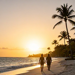 Caribbean Holidays, January All-Inclusive, Caribbean beach at sunset with a couple walking along the shoreline, warm golden light and palm trees
