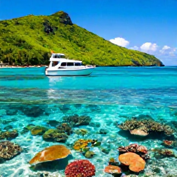 Caribbean Holidays, January All-Inclusive, Caribbean island coastline with snorkelling, colourful coral reef, small boat and lush green hills under clear blue sky