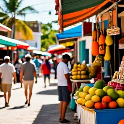 Caribbean Holidays, January All Inclusive, Colourful Dominican Republic market street with local crafts, tropical fruit and friendly atmosphere in warm January sunshine