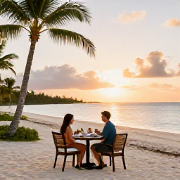 Caribbean Holidays, January All-Inclusive, Couple dining beside a tropical beach at sunset at an all-inclusive resort in Turks and Caicos