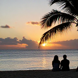 Caribbean Holidays, January All Inclusive, Couple watching a colourful sunset from a Dominican Republic beach, calm sea, palm silhouettes and warm evening light