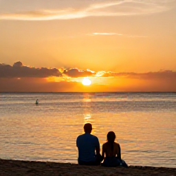 Caribbean Holidays, January All Inclusive, Couple watching the sunset from a quiet beach on Saint Kitts, with warm evening light, calm water and a relaxed Caribbean atmosphere