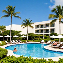 Caribbean Holidays, January All-Inclusive, Elegant all-inclusive Caribbean resort with swimming pool, loungers, tropical gardens and guests enjoying a sunny January afternoon