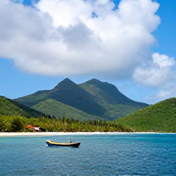 Caribbean Holidays, January All Inclusive, Frigate Island coastline near Saint Vincent with lush green hills, calm blue sea, a small fishing boat and dramatic tropical scenery