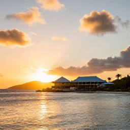Caribbean Holidays, January All-Inclusive, Golden Caribbean sunset over an all-inclusive resort and calm sea in the United States Virgin Islands