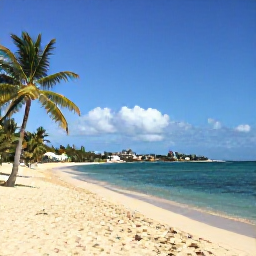 Caribbean Holidays, January All Inclusive, Golden sandy beach at Frigate Bay in Saint Kitts, with calm blue water, palm trees and Nevis visible across the channel