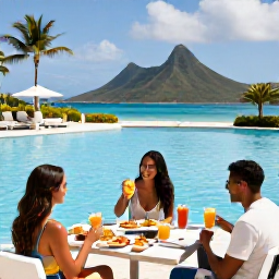 Caribbean Holidays, January All-Inclusive, Guests enjoying a relaxed breakfast and drinks beside a bright Caribbean resort pool in the US Virgin Islands