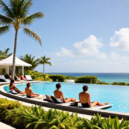 Caribbean Holidays, January All Inclusive, Guests relaxing beside an infinity pool at a Caribbean all-inclusive resort, lush gardens and sunny January sky