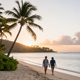 Caribbean Holidays, January All Inclusive, Happy couple walking along a quiet tropical beach in Saint Vincent and the Grenadines at sunset, with palm trees and calm Caribbean water