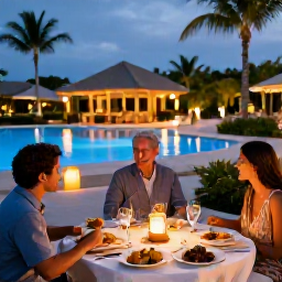 Caribbean Holidays, January All Inclusive, Outdoor evening dining at a Saint Kitts and Nevis resort, with Caribbean dishes, soft lantern light and a relaxed holiday atmosphere