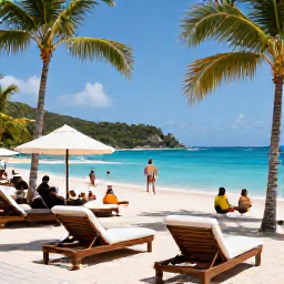 Caribbean Holidays, January All Inclusive, Relaxed beachfront all-inclusive resort in Saint Vincent, with sun loungers, palm trees, a swimming pool and guests enjoying a sunny January afternoon