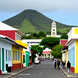 Caribbean Holidays, January All Inclusive, Visitors walking along a historic street in Basseterre, Saint Kitts, with colourful buildings, a clock tower and green volcanic hills beyond