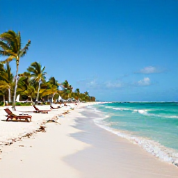 Caribbean Holidays, January All Inclusive, White sandy beach in Punta Cana, gentle turquoise waves, sun loungers and palm trees under a clear blue sky